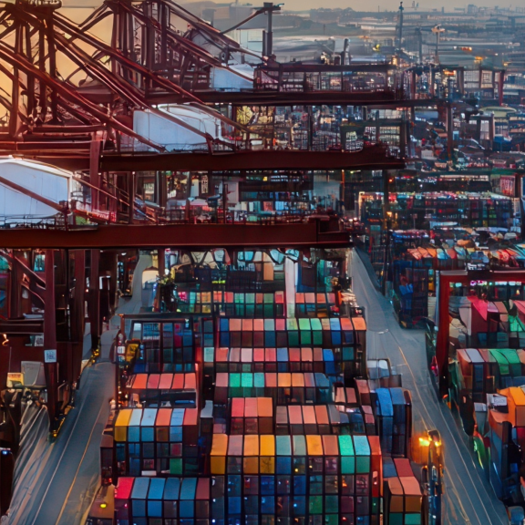 Luftaufnahme eines großen Containerterminals mit vielen Containern unterschiedlicher Größen, die auf Schiffe verladen werden.