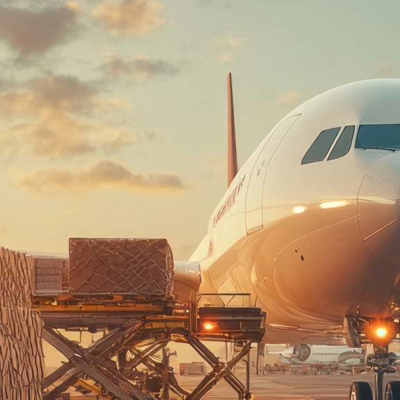 Frachtflugzeug wird bei Sonnenuntergang mit Holzkisten für die Luftfracht beladen. Flughafenlogistik und globaler Versand.