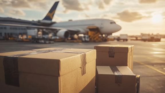 Kartons für Luftfracht vor einem Frachtflugzeug im Abendlicht. Flughafenlogistik und schneller Versand.