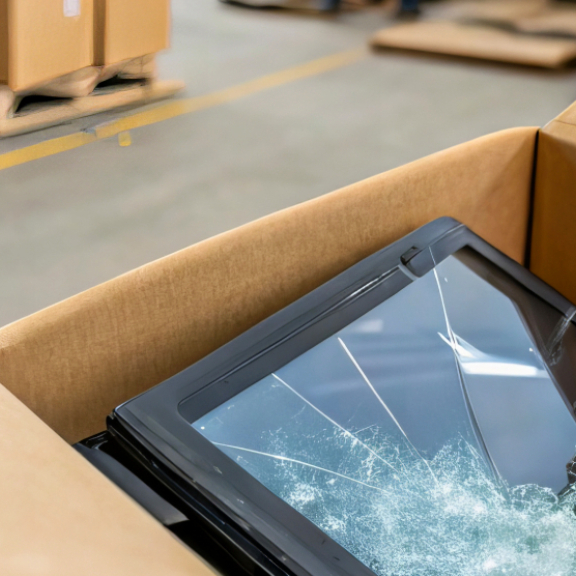 Beschädigter Bildschirm in geöffneter Verpackung – Symbolbild für Schadensbearbeitung im Transportwesen