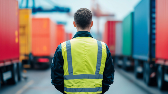 Eine Person mit Warnweste steht vor Containern, bereit für eine Zollbeschau oder Inspektion im Hafen