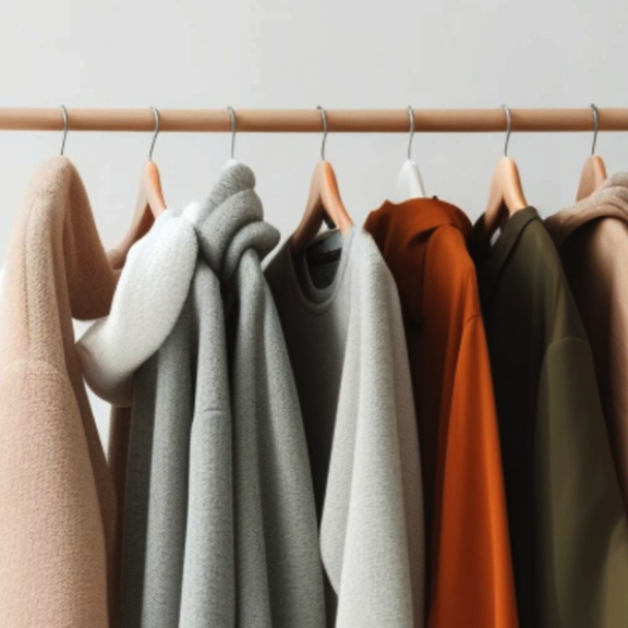 Sortierte, faltenfreie Kleidung auf einem Kleiderständer, bereit für den sicheren Transport in einer Kleiderbox beim Umzug.