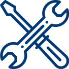 Gekreuzte Werkzeuge (Schraubenschlüssel und Schraubendreher), symbolisiert fachmännische Montage und Reparaturen.