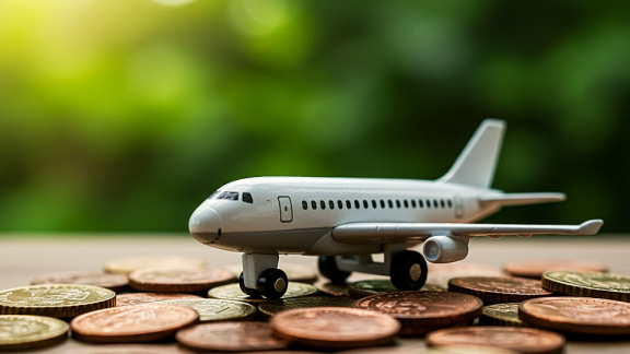 Ein kleines Modellflugzeug steht auf verstreuten Euro-Münzen vor einem unscharfen, grünen Hintergrund als Symbol für die Kostenkalkulation beim Luftfracht-Umzug.