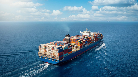 Ein großes, voll beladenes Containerschiff fährt bei leicht bewölktem Himmel auf dem blauen Meer als Symbol für den internationalen Containerumzug per Seefracht.
