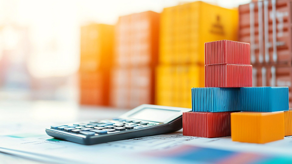 Ein Taschenrechner neben kleinen bunten Containermodellen zur transparenten Berechnung der Kosten für einen Container-Umzug in die USA.